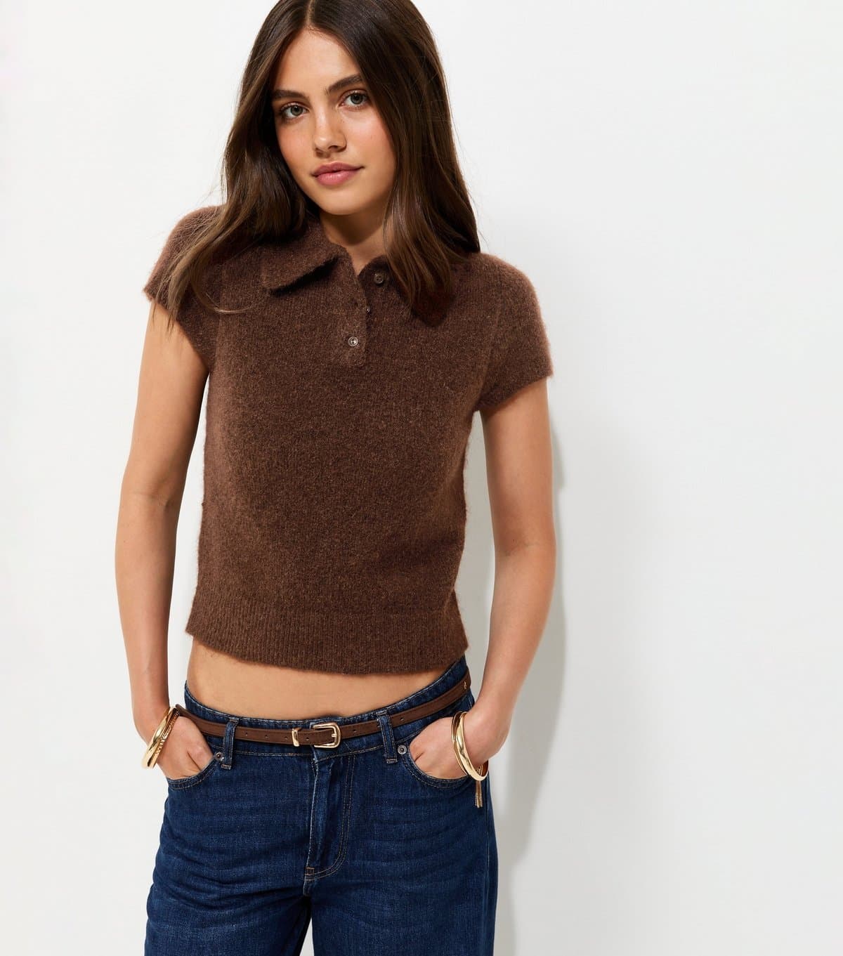 New Look Women's Dark Brown Brushed Knit Short Sleeve Polo Top New Look