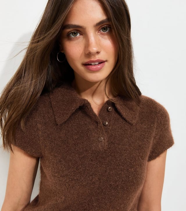 New Look Women's Dark Brown Brushed Knit Short Sleeve Polo Top New Look - 2