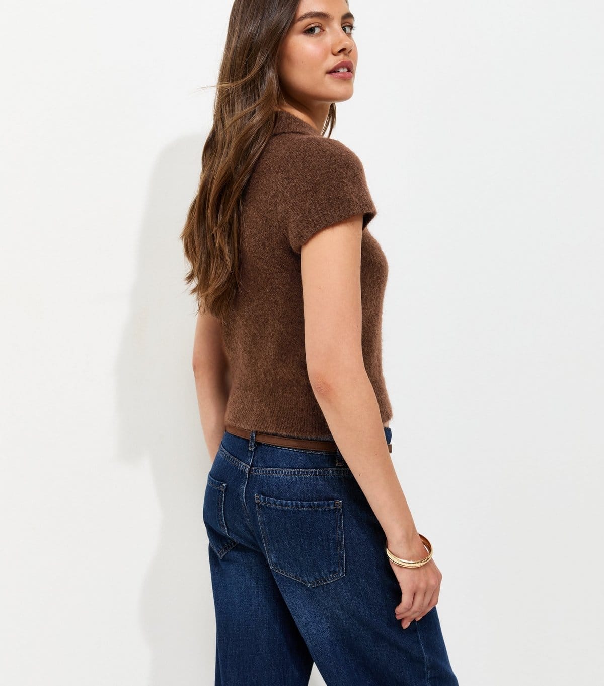 New Look Women's Dark Brown Brushed Knit Short Sleeve Polo Top New Look - 4
