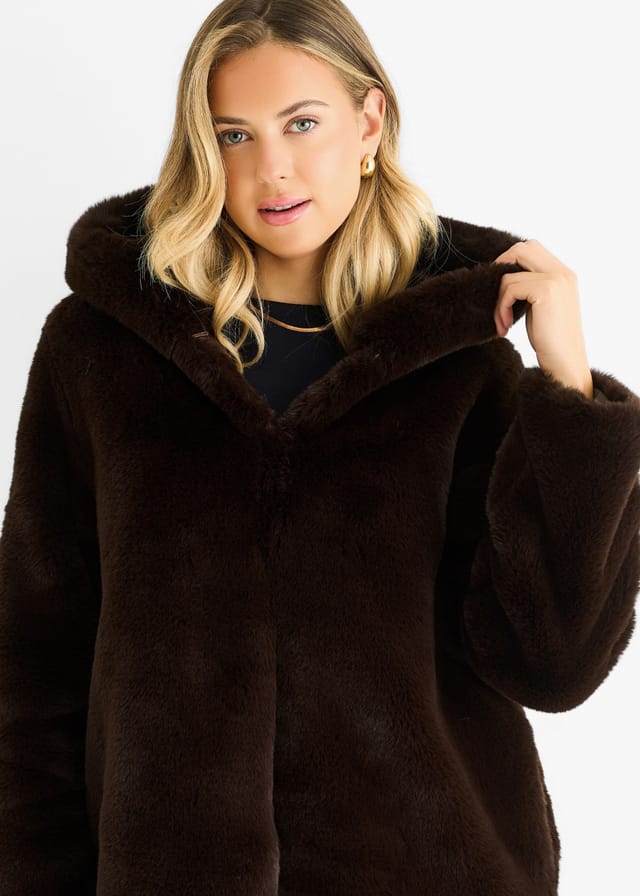 Gini London Gini London Women's Chocolate Hooded Long Sleeve Faux Fur Jacket - 2