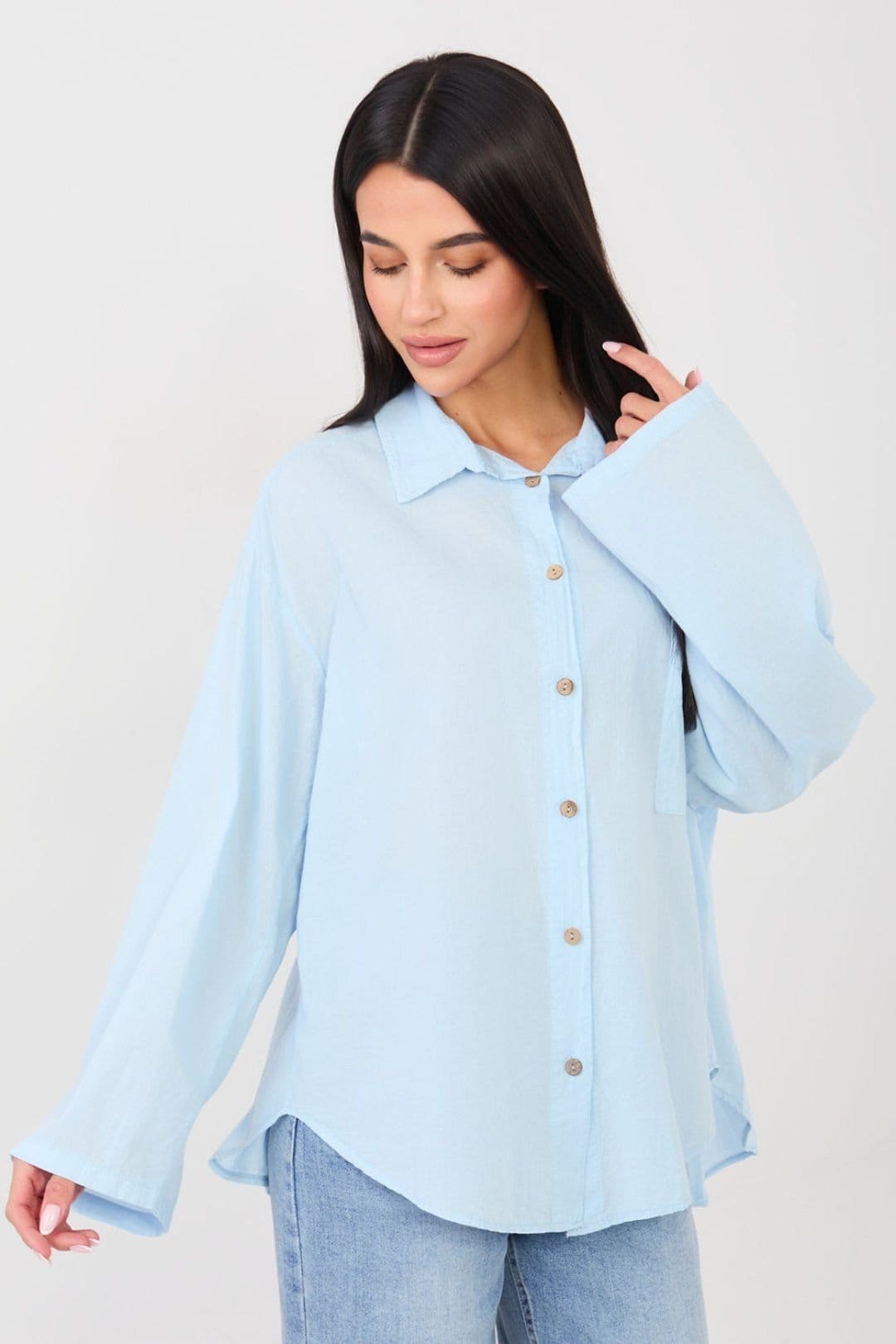Love Lace Blue Cotton Long Sleeve Casual Shirt