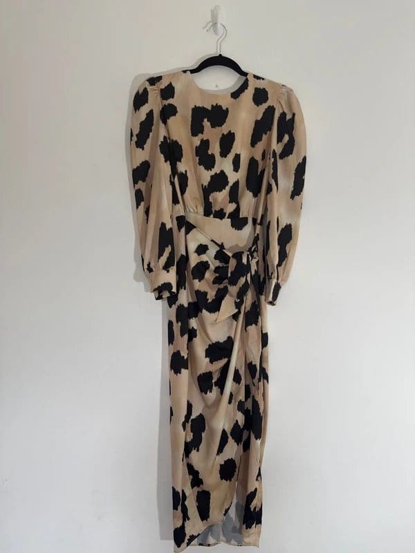 River Island Black & Beige Animal Print Satin Wrap Midi Dress -
