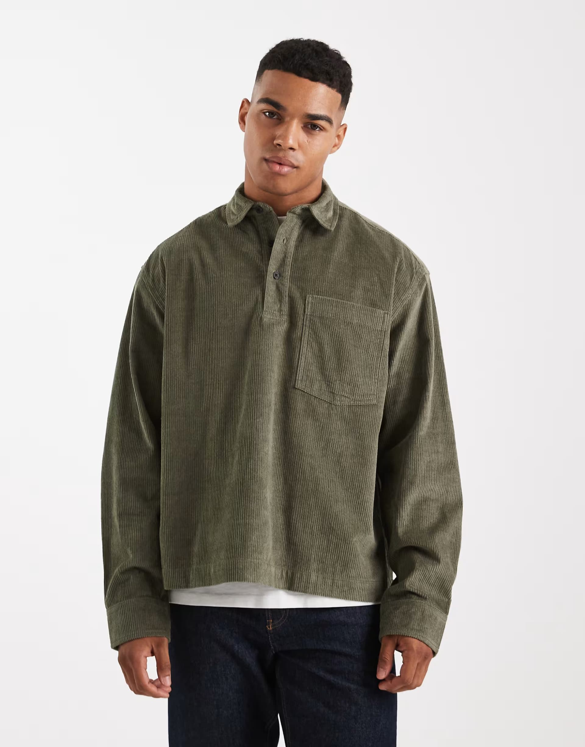 ASOS ASOS DESIGN boxy oversized cord rugby shirt in khaki