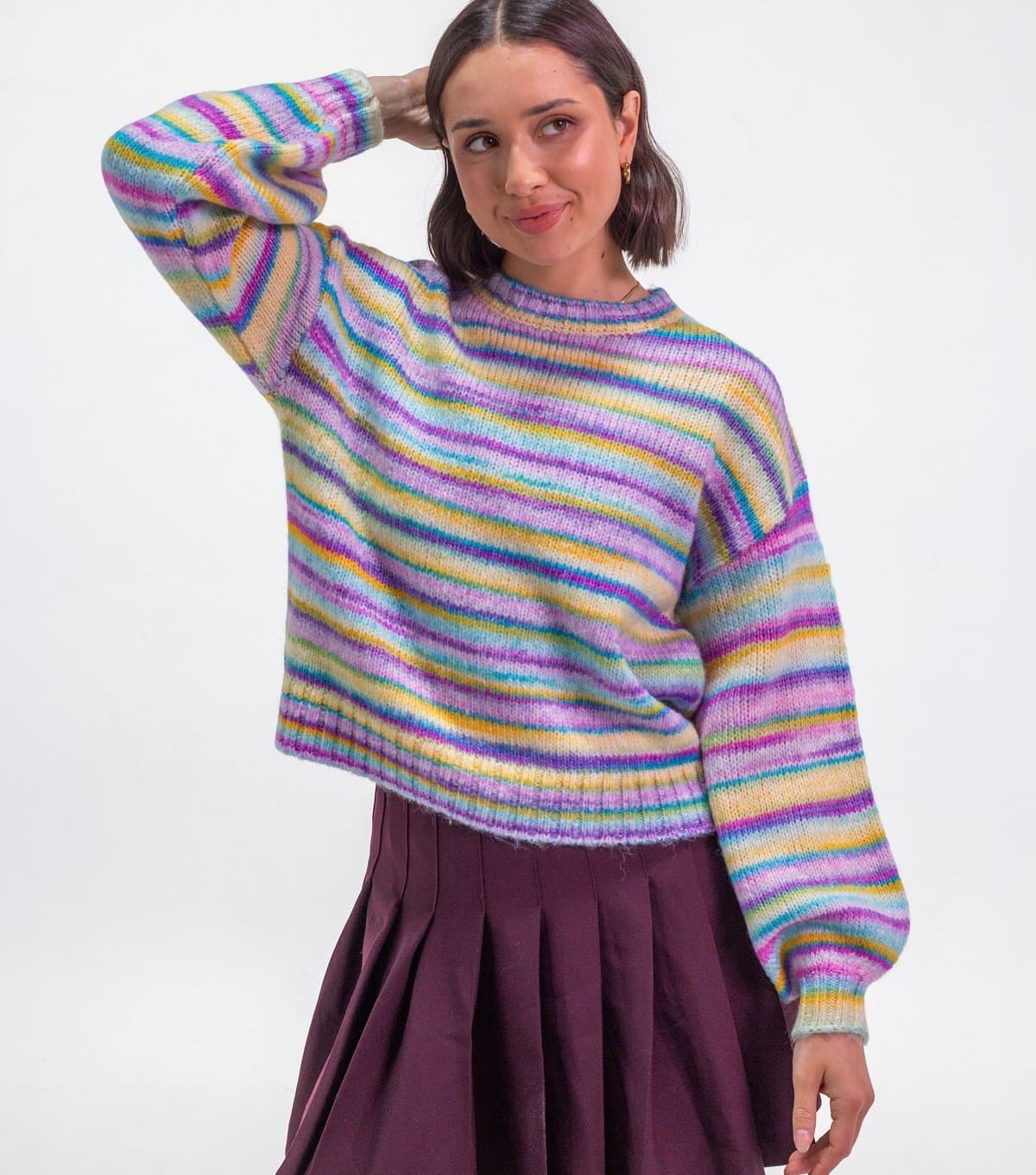 Sunshine Soul Women's Bright Purple Rainbow Stripe Balloon Sleeve Jumper Sunshine Soul New Look