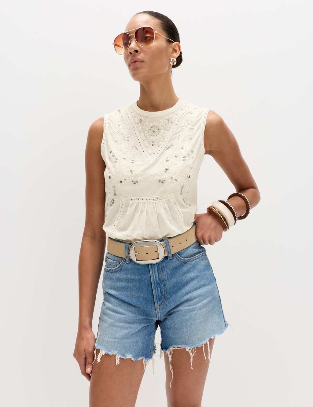 M&S Ivory Cotton Sleeveless Lace Trim Top