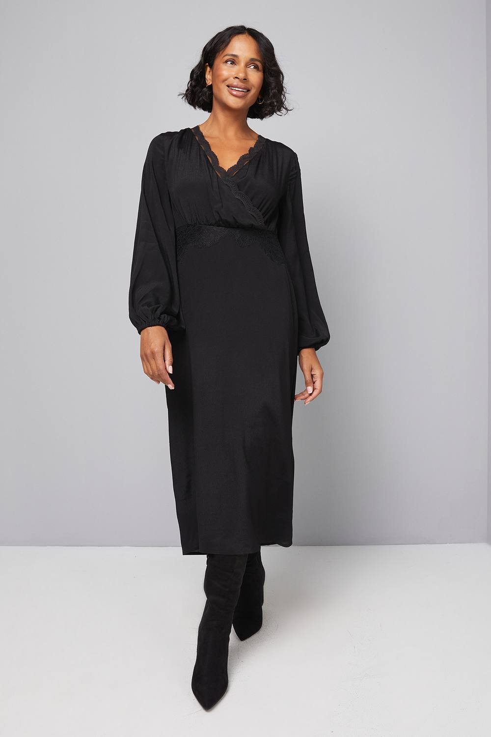 Wallis Wallis Women's Viscose Lace Trim Midi Dress in Black - 2