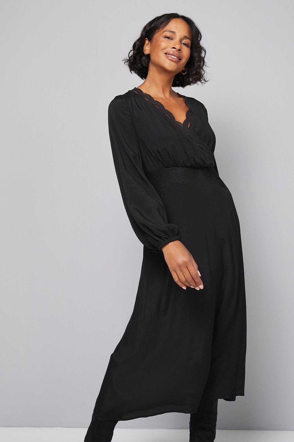 Wallis Wallis Women's Viscose Lace Trim Midi Dress in Black - 4