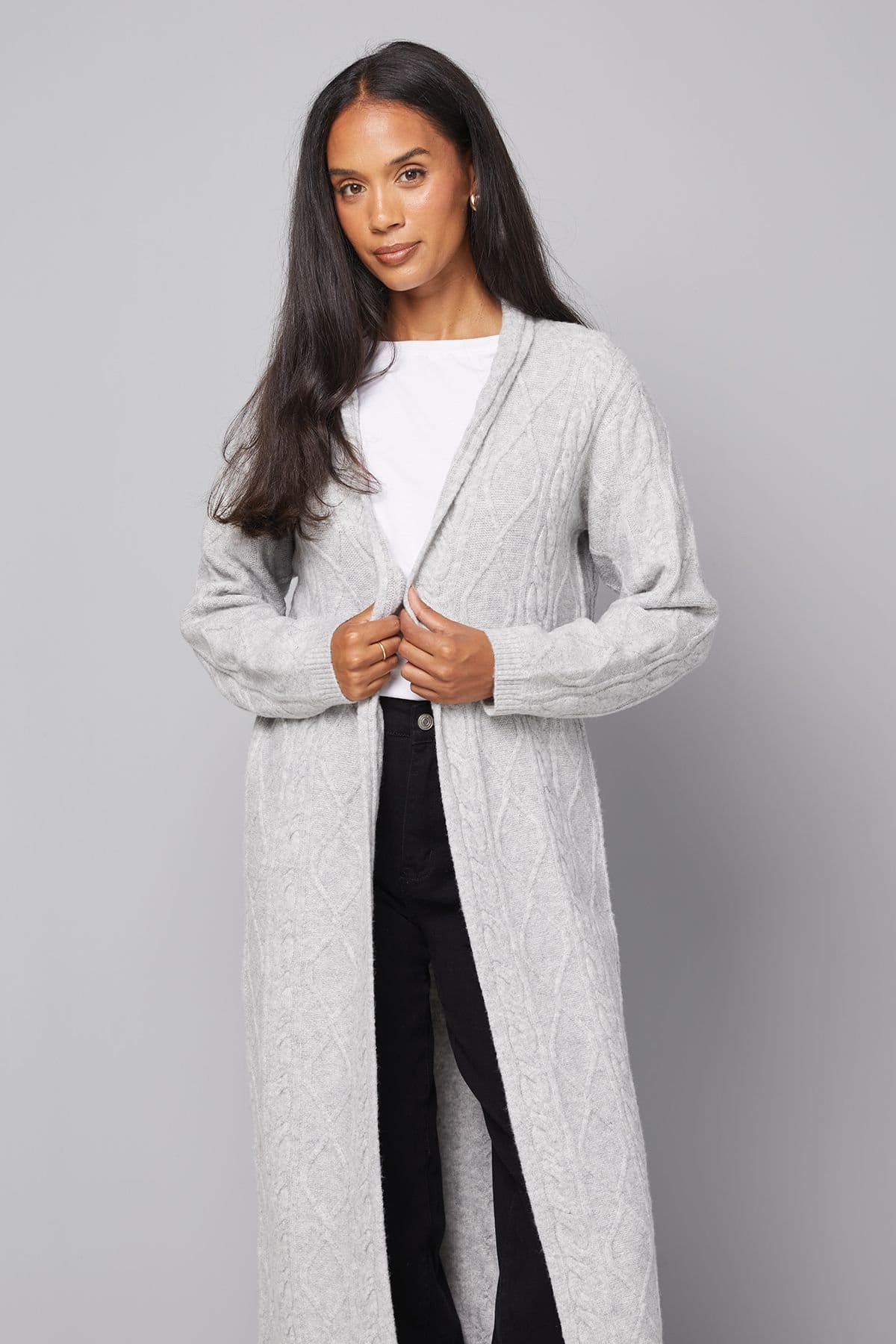 Wallis Wallis Women's Longline Maxi Cable Cardigan in Grey - 4