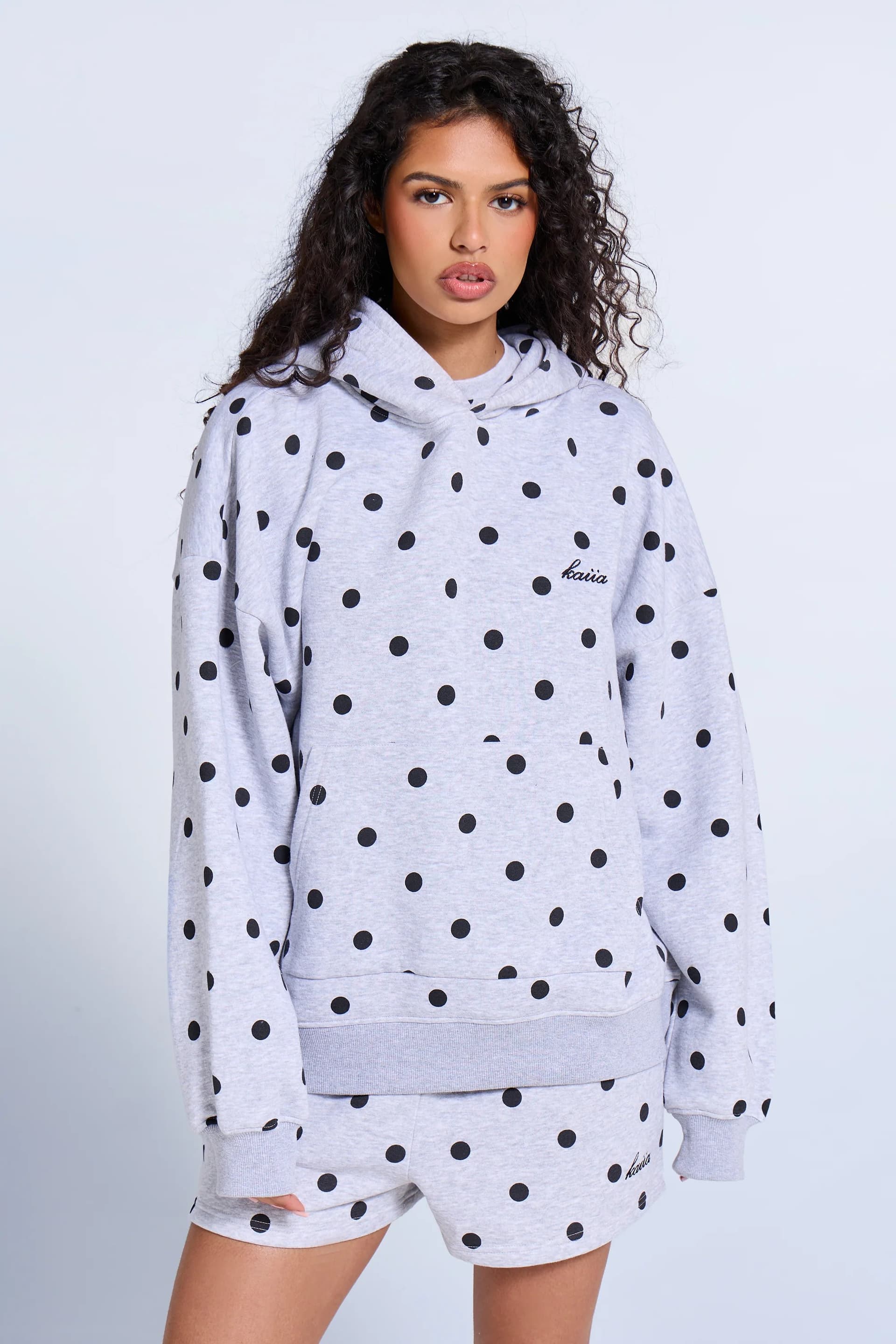 Kaiia Kaiia Polka Dot Oversized Hoodie Grey Marl & Black
