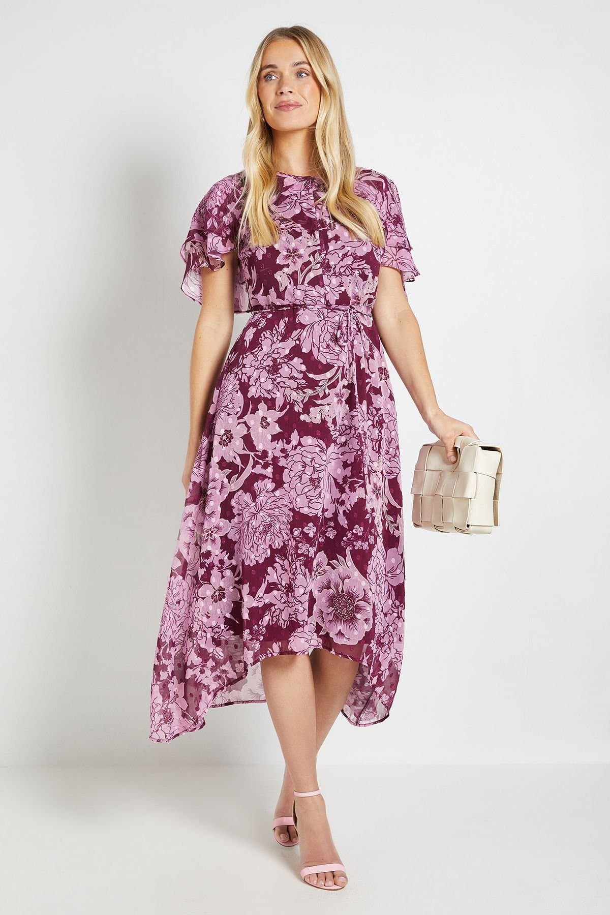 Wallis Wallis Women's Petite Floral Burn Out Cape Midi Dress in Pink