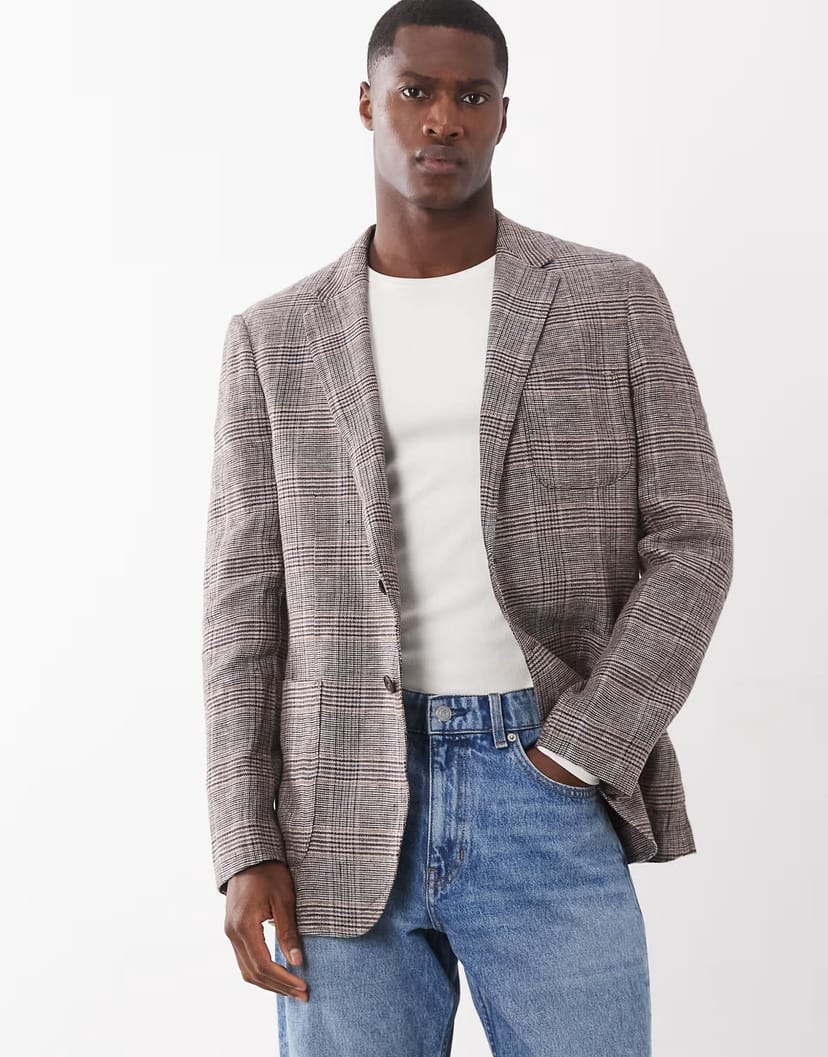ASOS Mango Nella 100% linen checked blazer in brown - 1