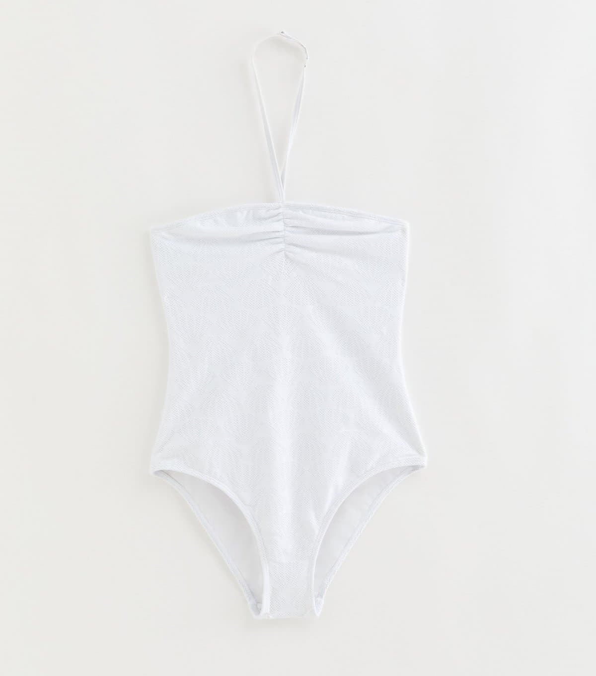 New Look Girls' White Shell Crochet Ruched Front Halter Swimsuit New Look