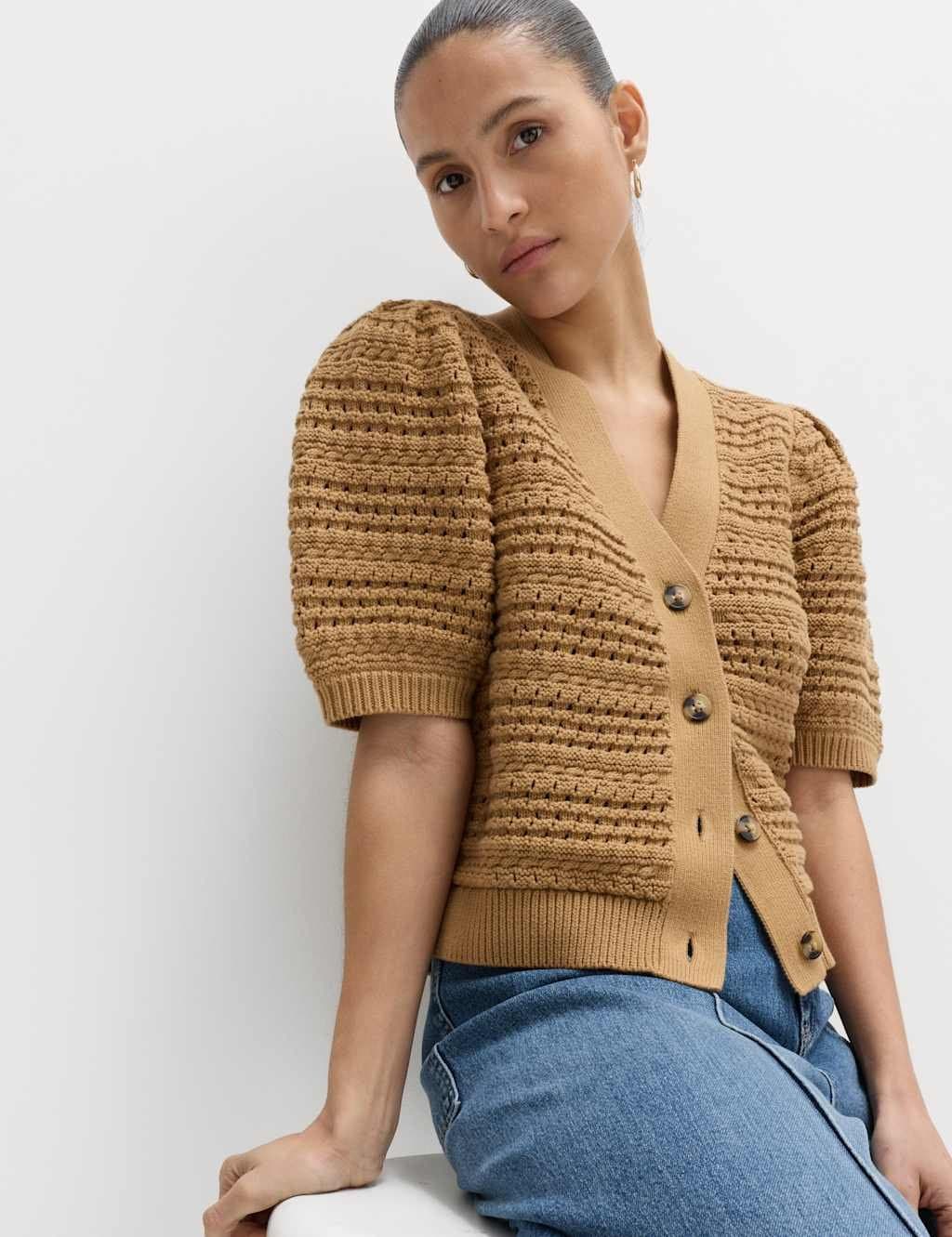 Marks & Spencer M&S Pure Cotton Puff Sleeve Cropped Cardigan Butterscotch