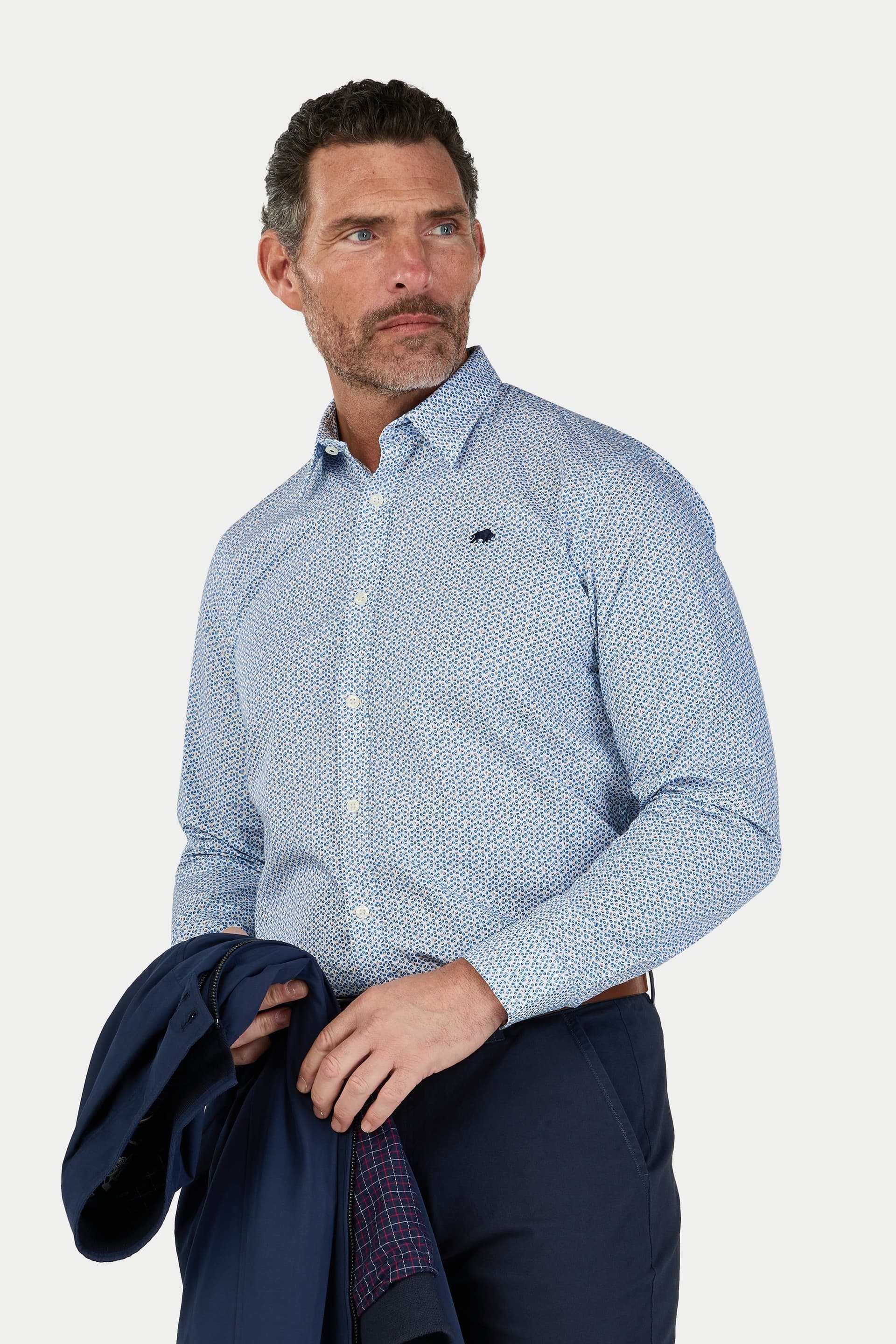 raging bull Raging Bull Men's Long Sleeve Pentagon Pattern Cotton Poplin Shirt in White
