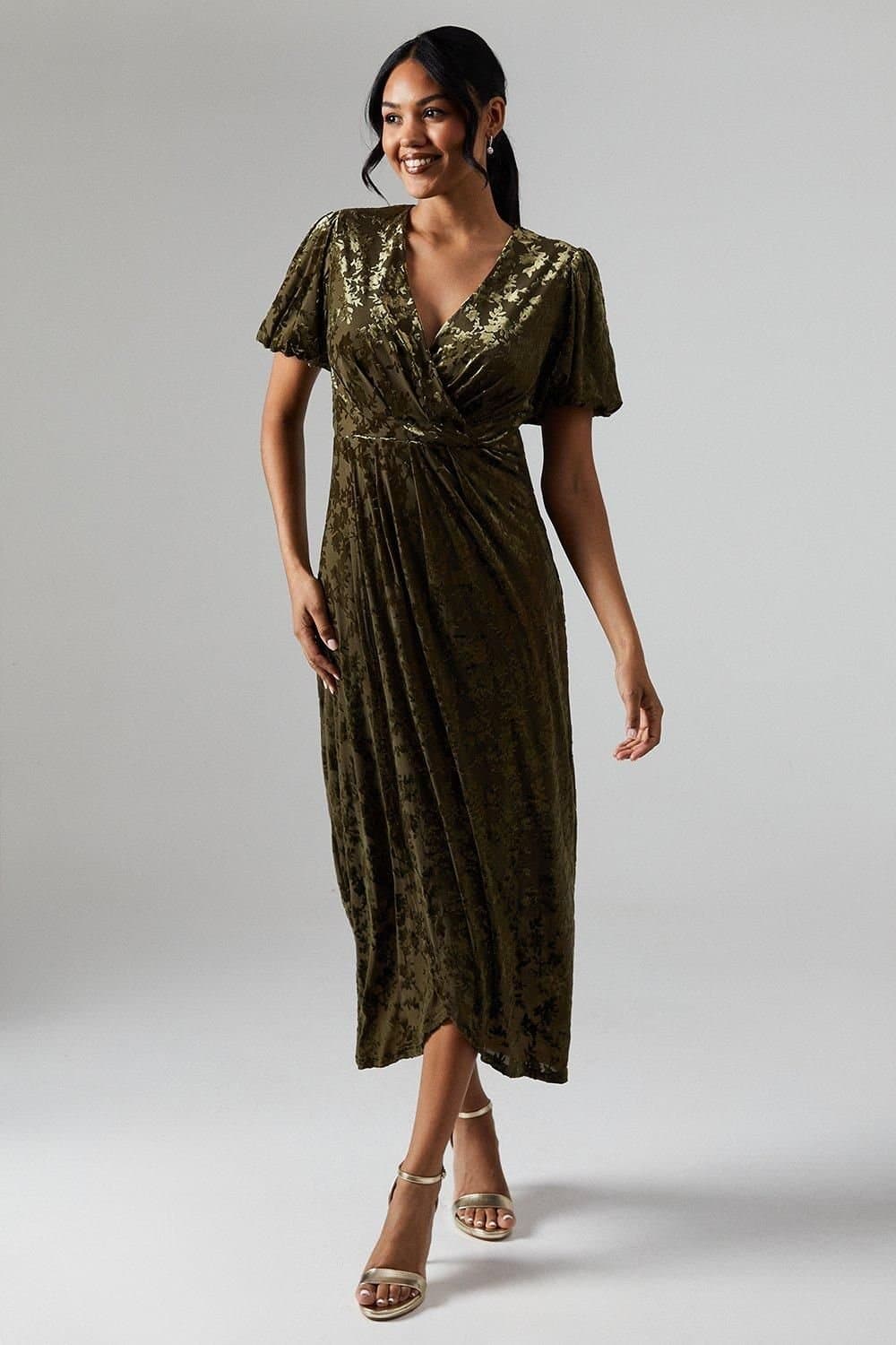 Debut London Debut London Women's By Coast Puff Sleeve Wrap Skirt Devore Midi Dress in Olive