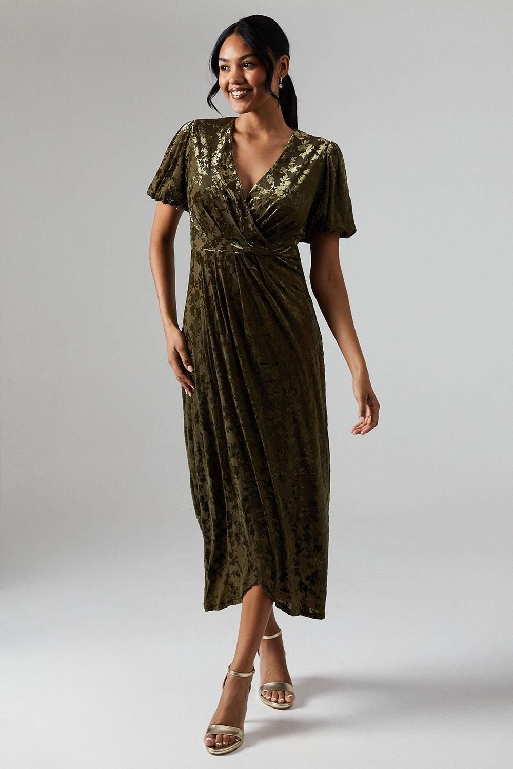 Debut London Debut London Women's By Coast Puff Sleeve Wrap Skirt Devore Midi Dress in Olive - 2
