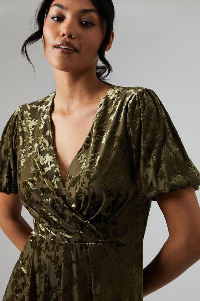Debut London Debut London Women's By Coast Puff Sleeve Wrap Skirt Devore Midi Dress in Olive - 2