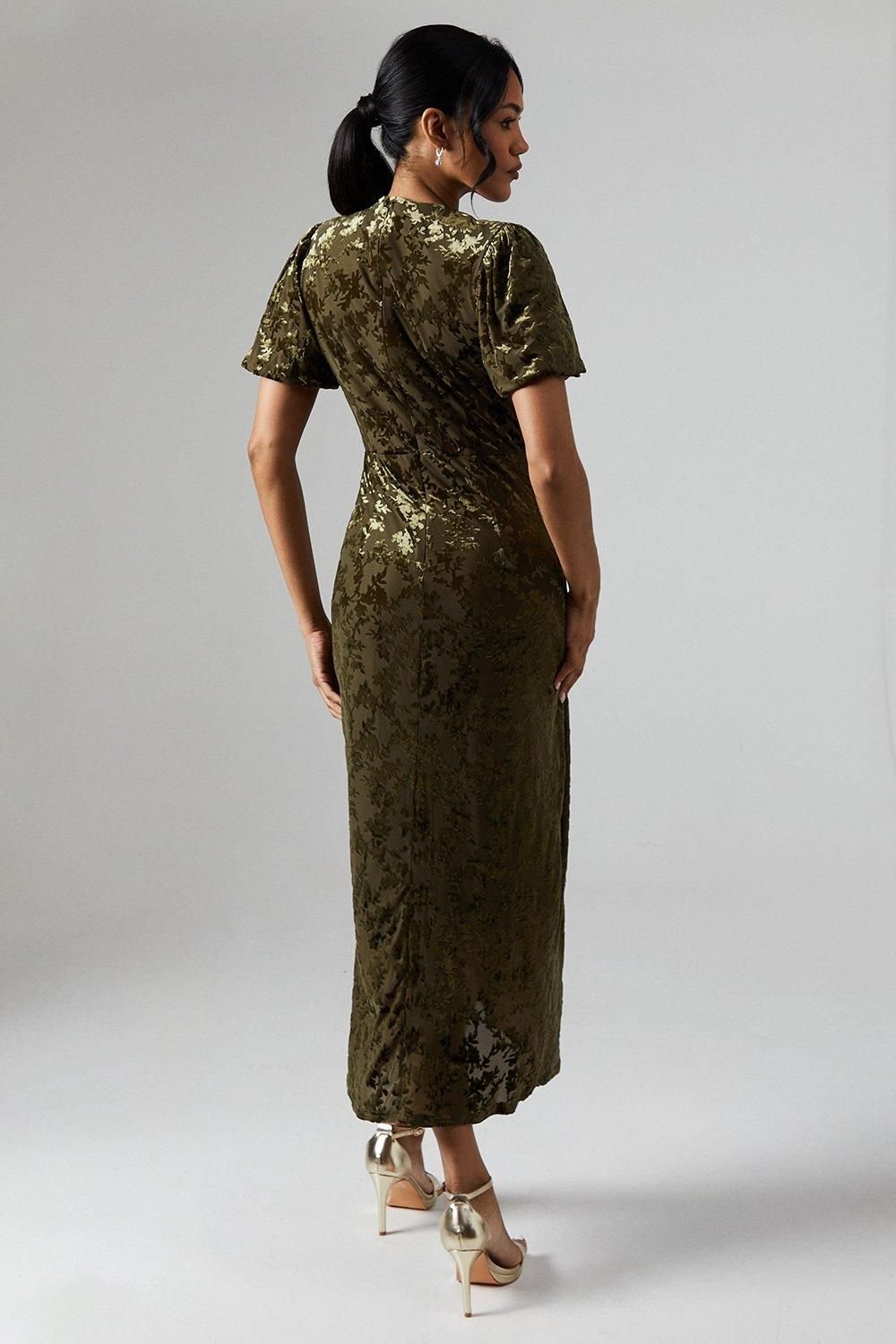 Debut London Debut London Women's By Coast Puff Sleeve Wrap Skirt Devore Midi Dress in Olive - 3