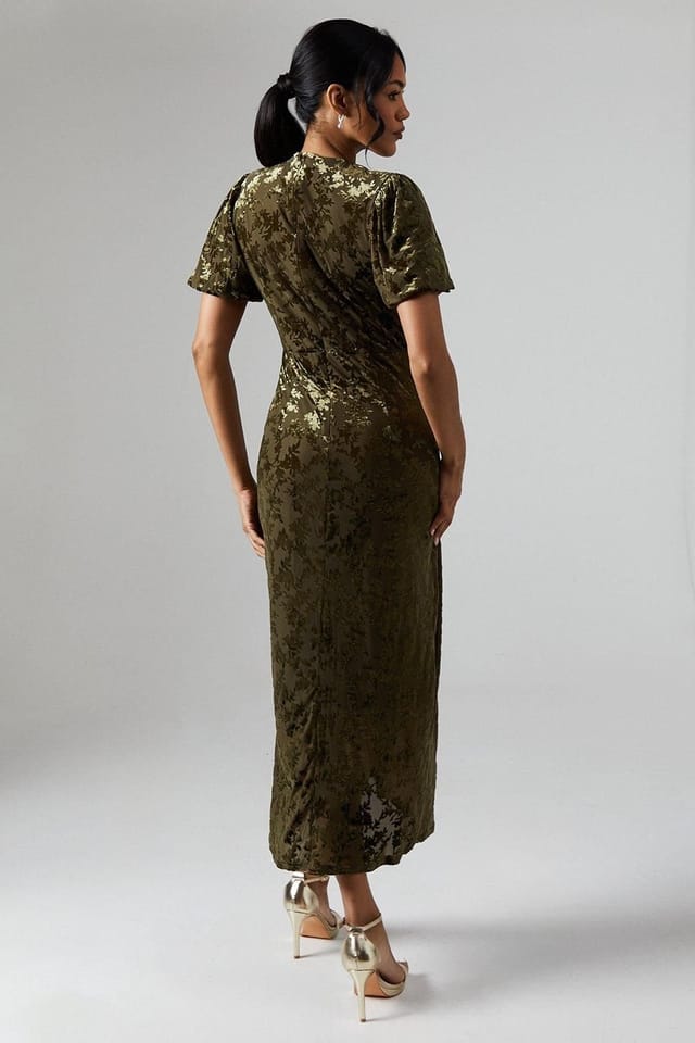 Debut London Debut London Women's By Coast Puff Sleeve Wrap Skirt Devore Midi Dress in Olive - 3