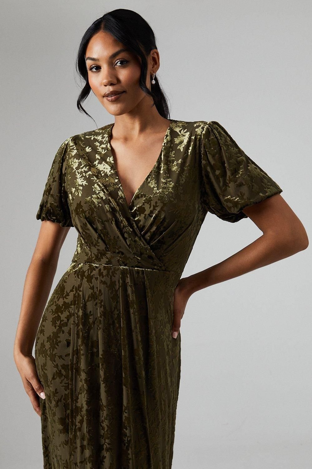 Debut London Debut London Women's By Coast Puff Sleeve Wrap Skirt Devore Midi Dress in Olive - 4