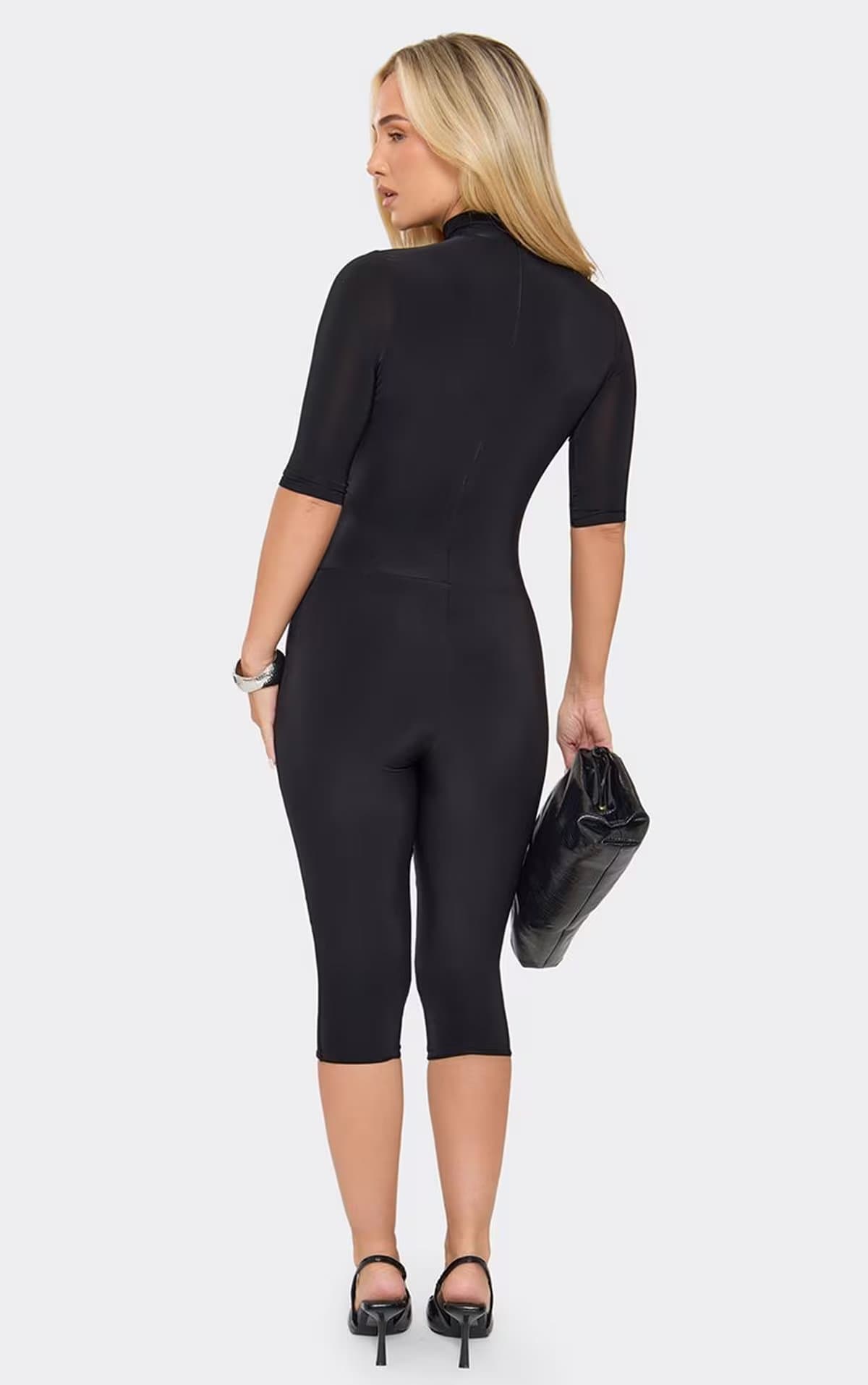 EGO Three Quarter Sleeve High Neck Capri Jumpsuit In Black, Women's Size UK 6