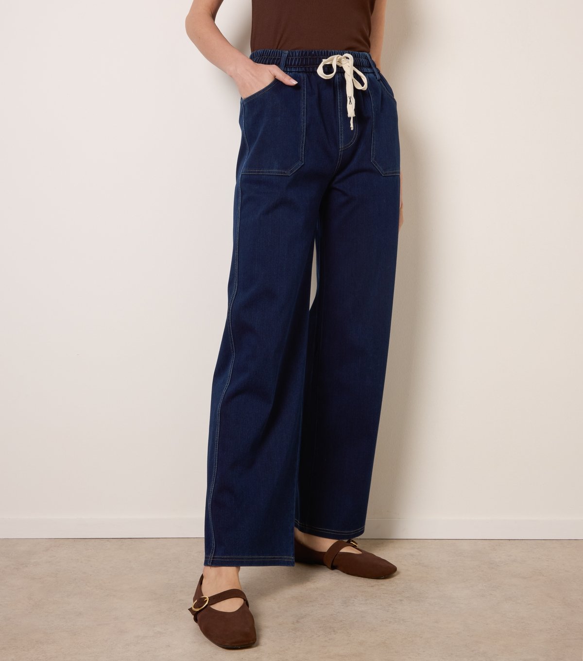 Blue Vanilla Women's Dark Blue Drawstring Wide Leg Jeans Blue Vanilla New Look - 2