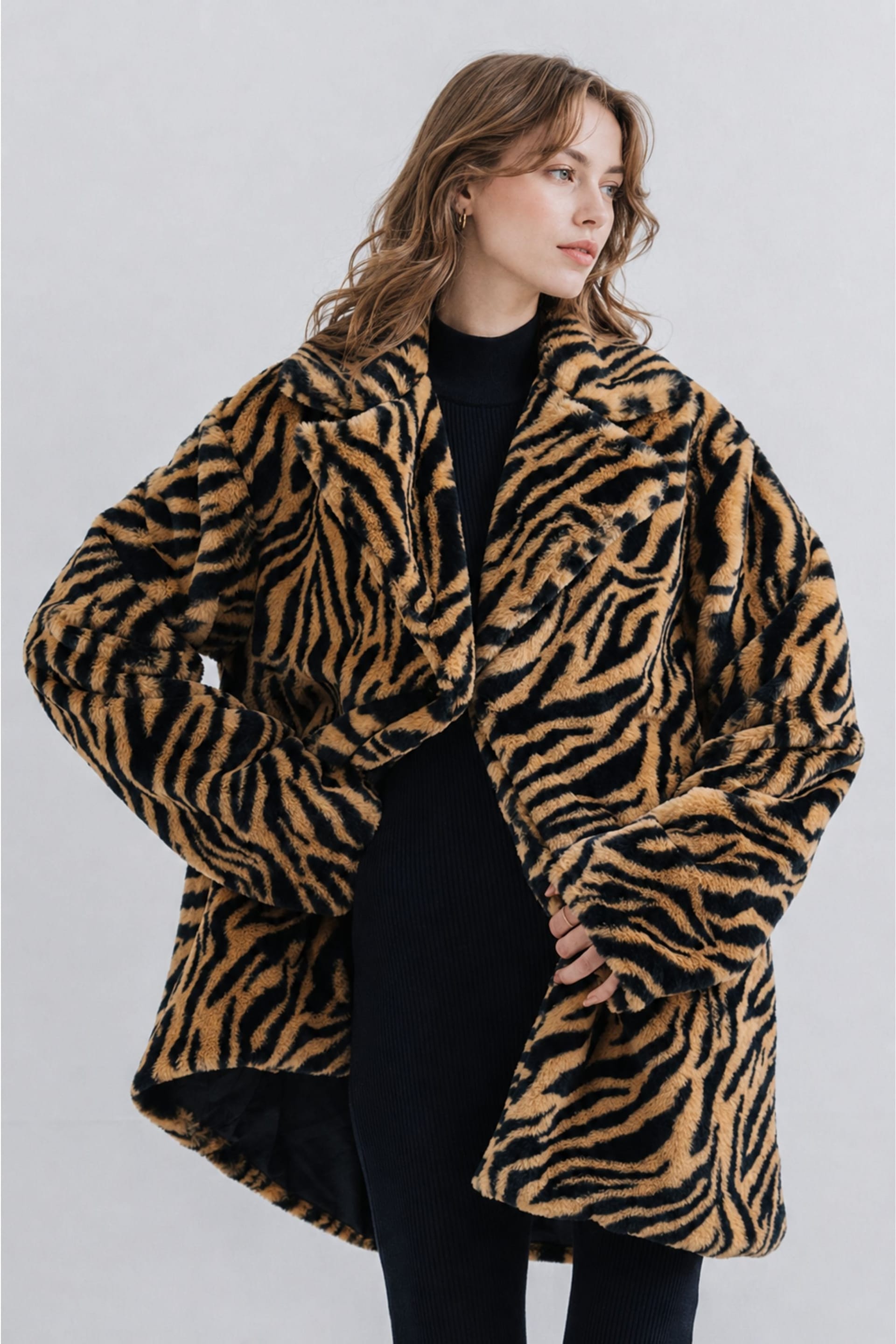 Zafosh Women's Faux Fur Tiger Print Overcoat in Brown