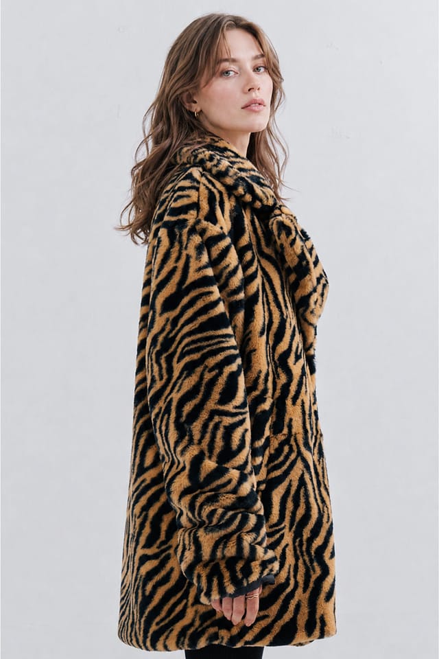 Zafosh Zafosh Women's Faux Fur Tiger Print Relaxed Fit Over coat in Brown - 2