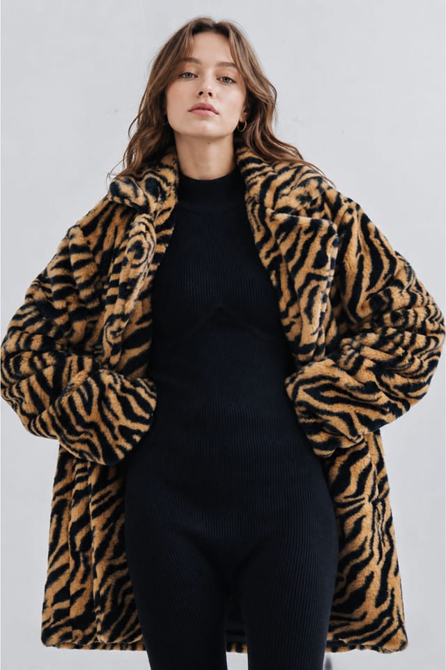 Zafosh Zafosh Women's Faux Fur Tiger Print Relaxed Fit Over coat in Brown - 3