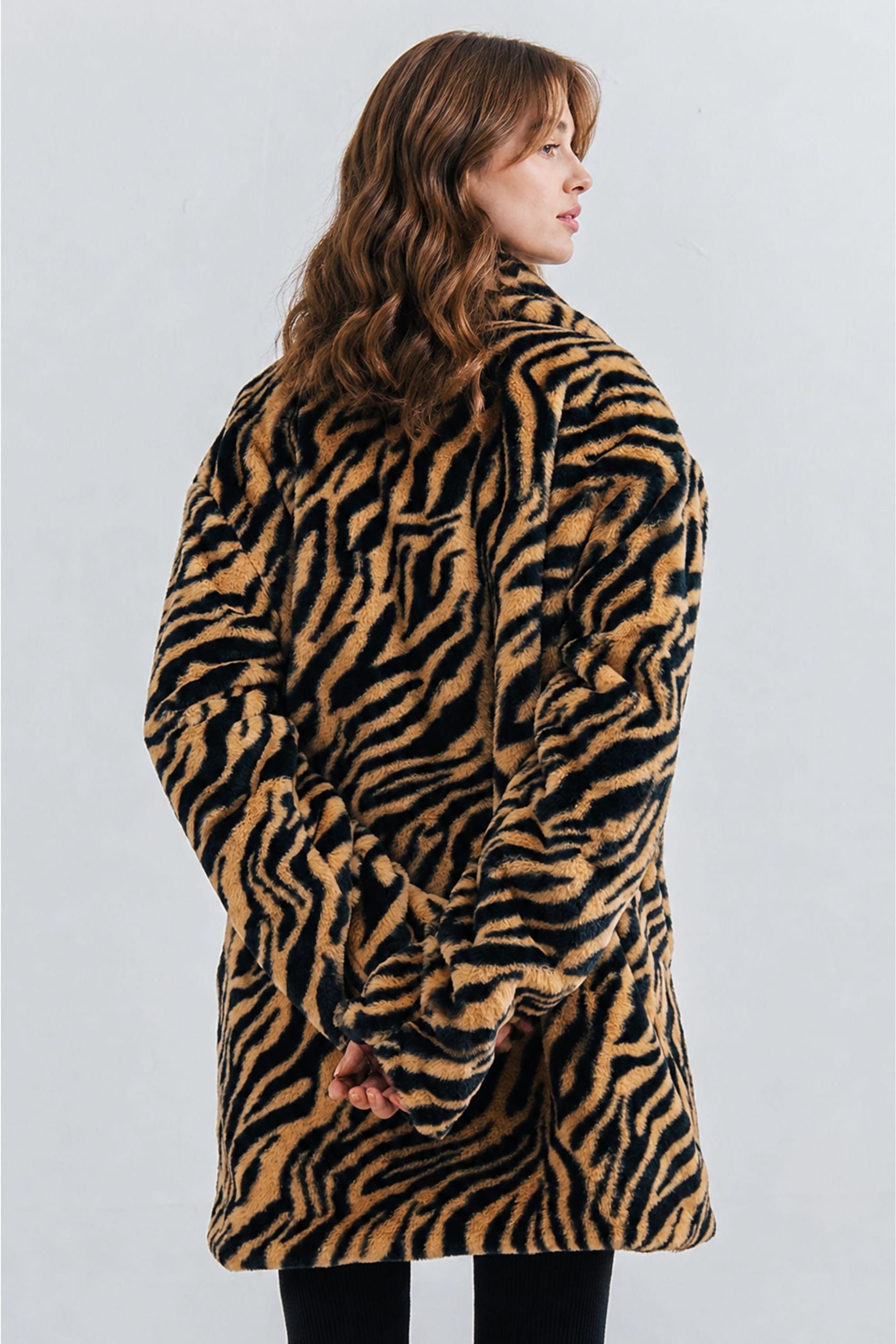 Zafosh Zafosh Women's Faux Fur Tiger Print Relaxed Fit Over coat in Brown - 4