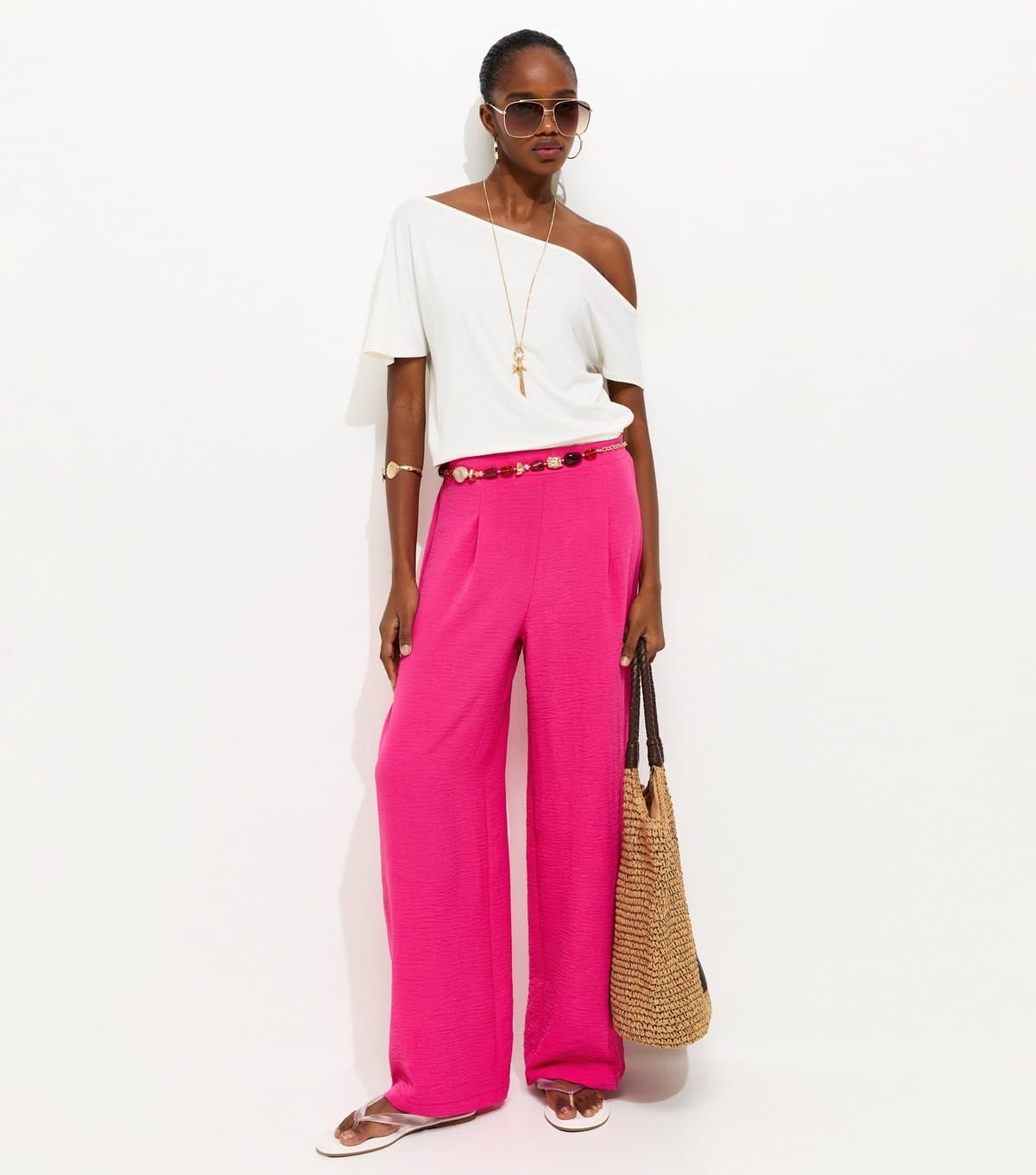 New Look Women's Bright Pink Wide Leg Trousers New Look