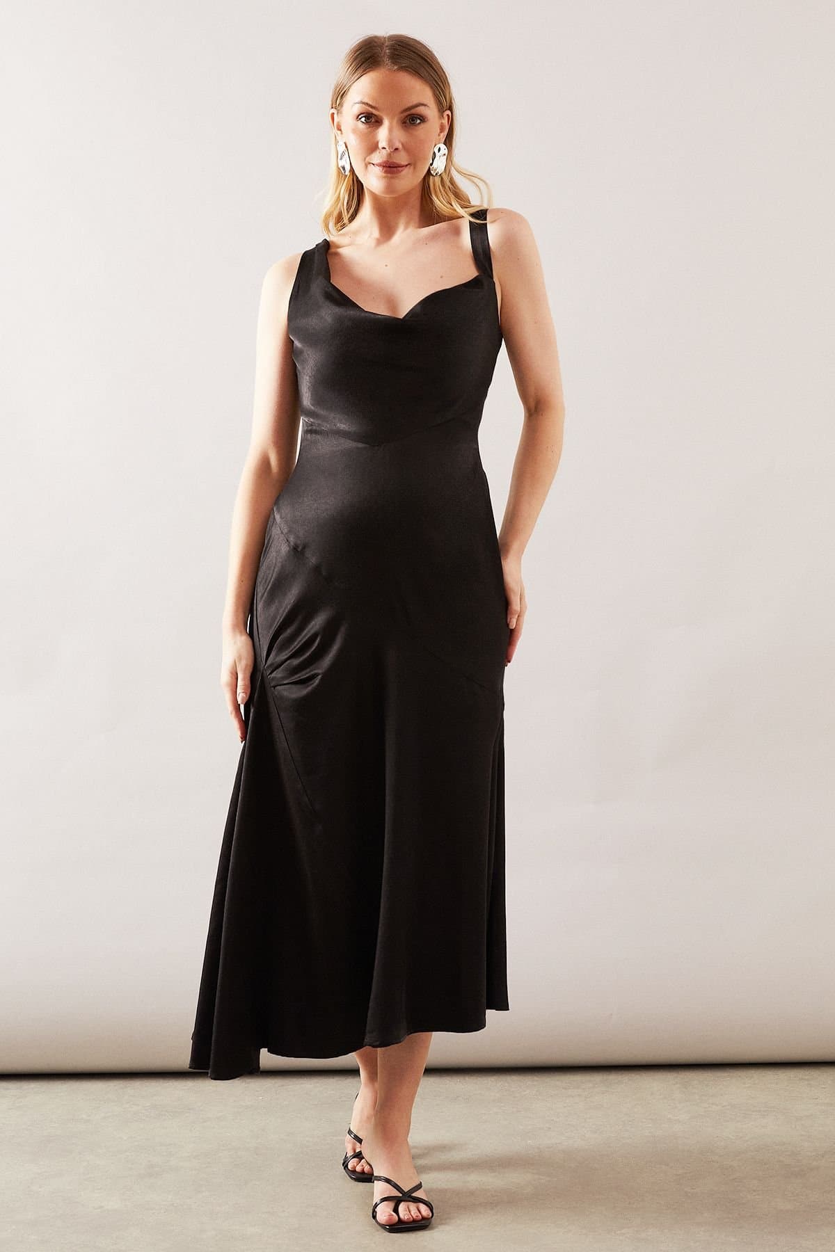 Wallis Wallis Black Satin Asymmetric Midaxi Dress