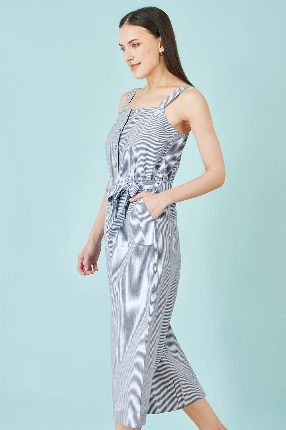 Yumi Women's Blue Cotton Stripe Button Through Jumpsuit