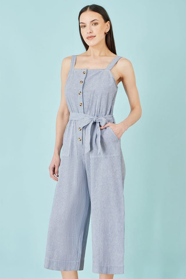 Yumi Yumi Women's Blue Cotton Stripe Button Through Jumpsuit - 2