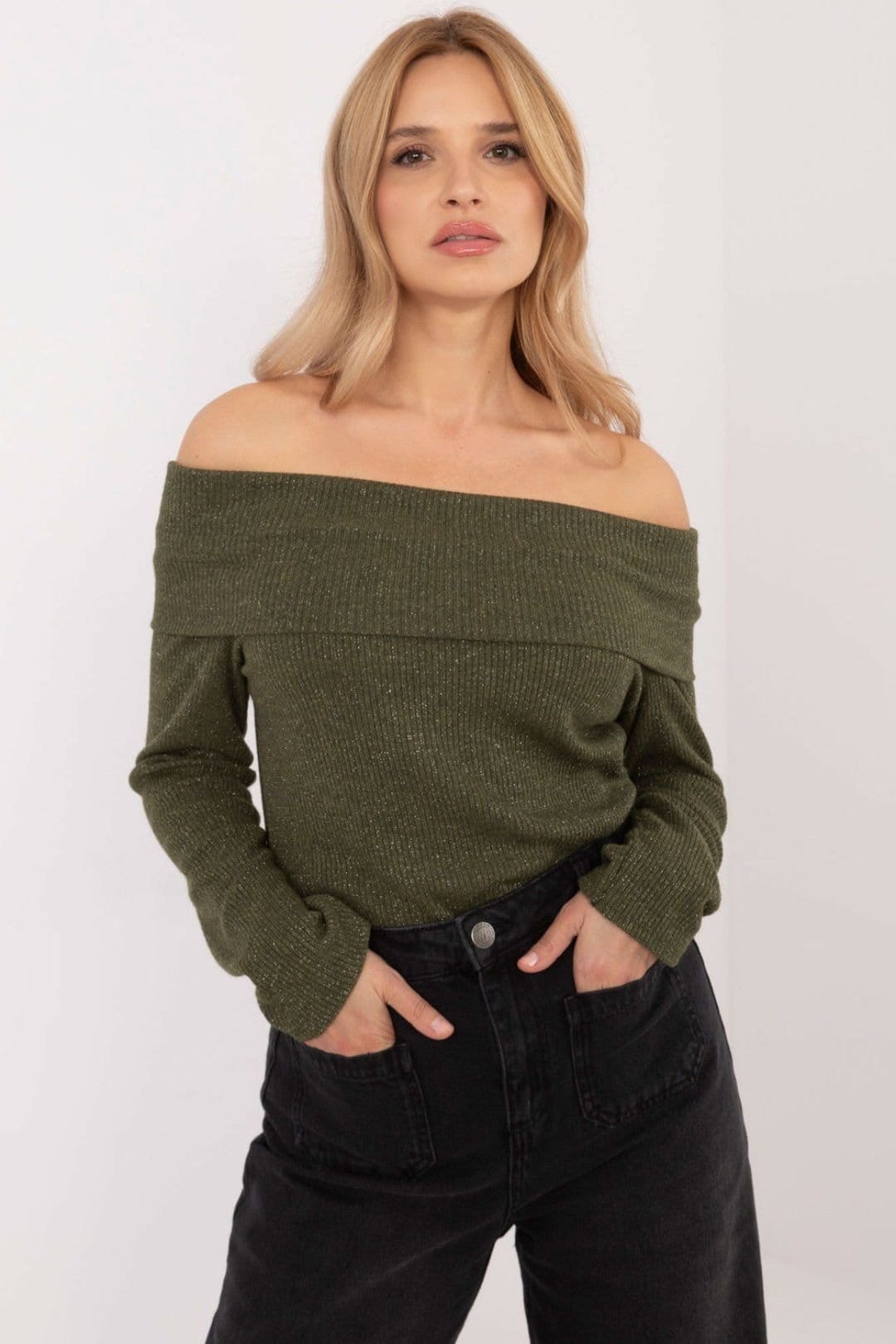 Love Lace Green Viscose/Elastane Off-Shoulder Ribbed Sweater