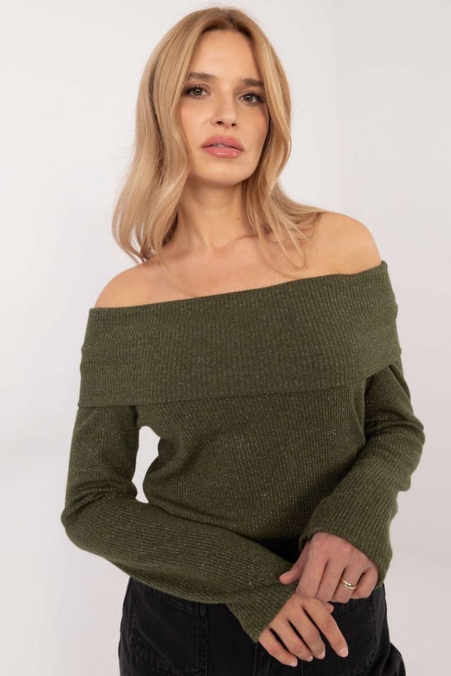 Love Lace Love Lace Women's Elegant Off-Shoulder Ribbed Sweater with Sparkle in Green - 2