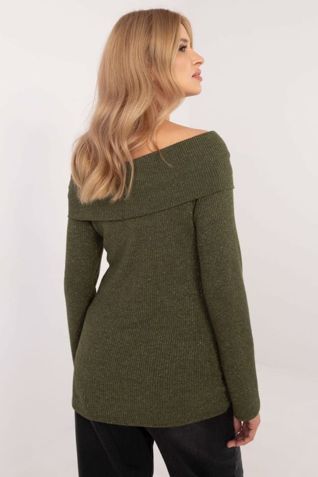 Love Lace Love Lace Women's Elegant Off-Shoulder Ribbed Sweater with Sparkle in Green - 3
