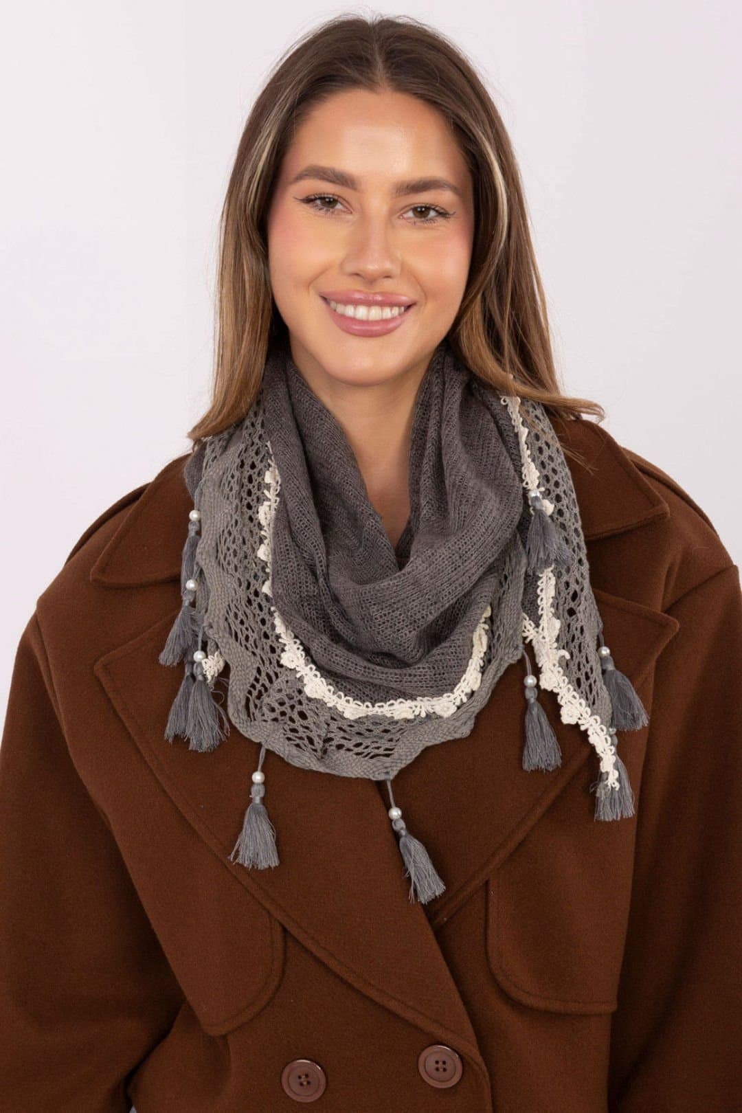 Love Lace Love Lace Women's Triangular Viscose Lace Scarf with Pearl Fringe Trim Lightweight in Grey