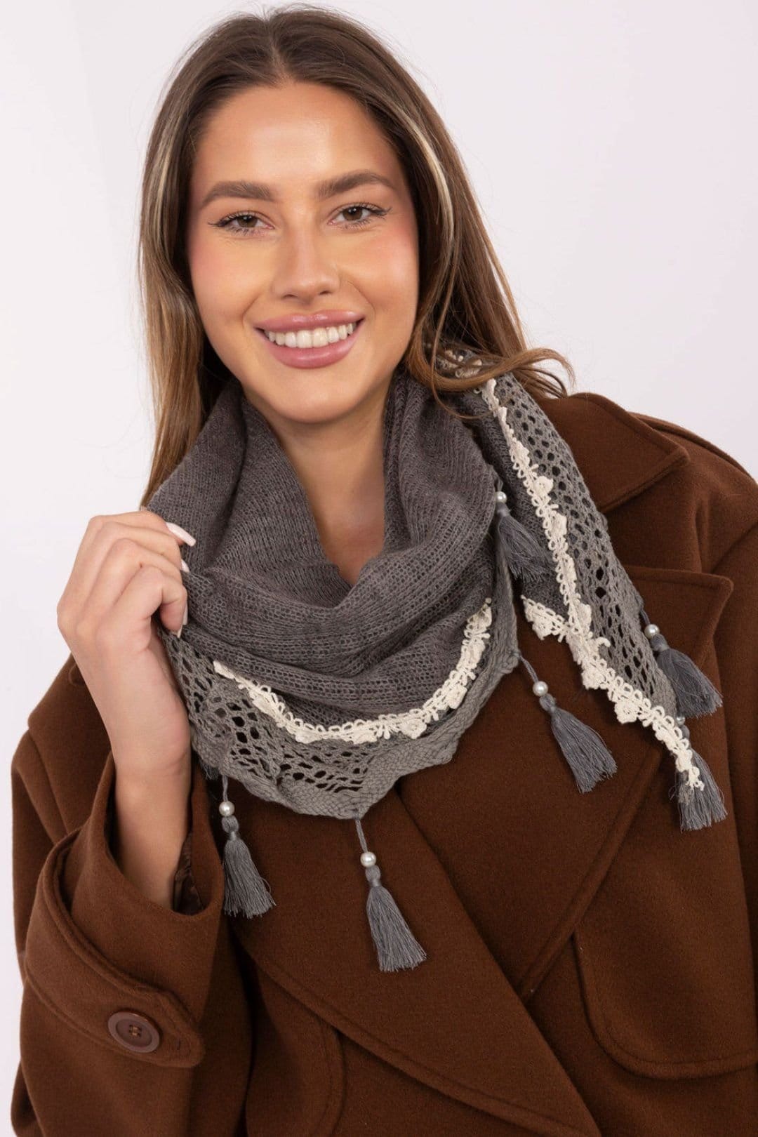 Love Lace Love Lace Women's Triangular Viscose Lace Scarf with Pearl Fringe Trim Lightweight in Grey - 4