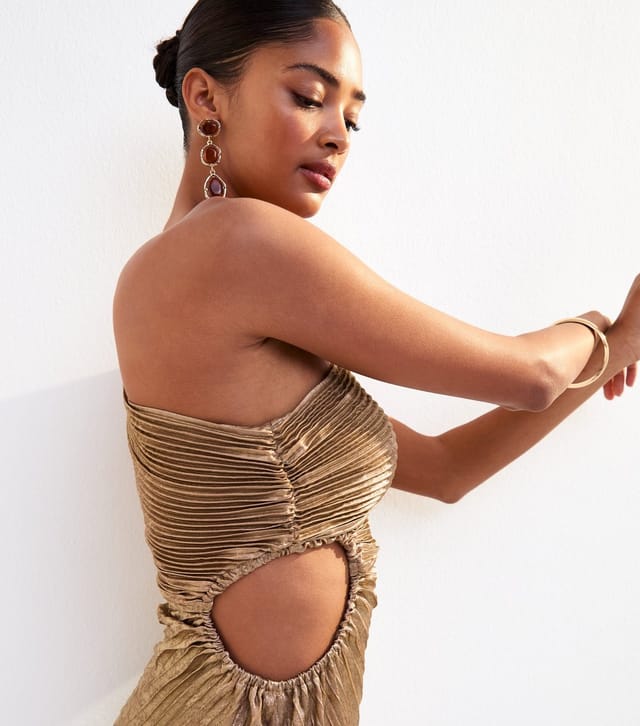 New Look Women's Gold Metallic Satin Pleated Maxi Dress New Look - 2