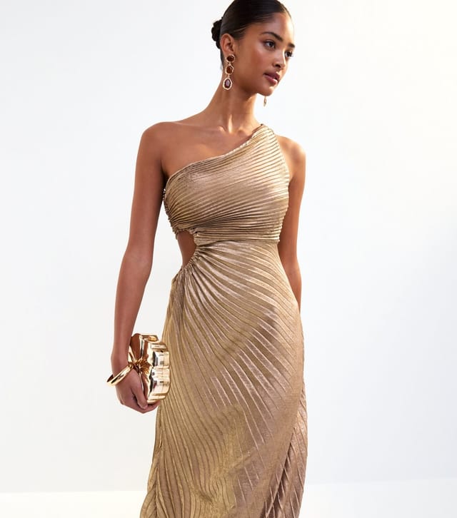 New Look Women's Gold Metallic Satin Pleated Maxi Dress New Look - 3
