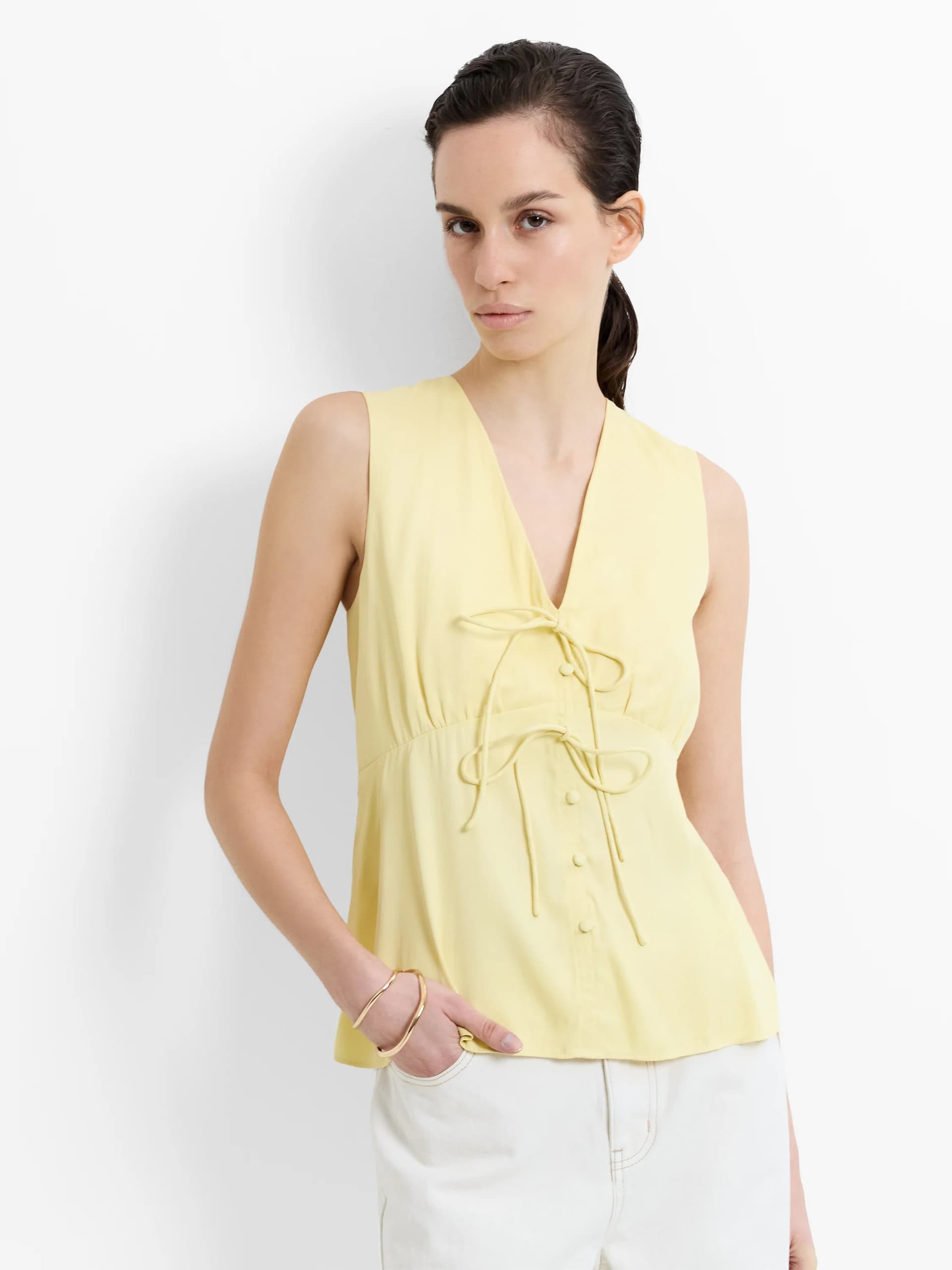 French Connection Candice Satin Bow Tie Up Top Mellow Yellow