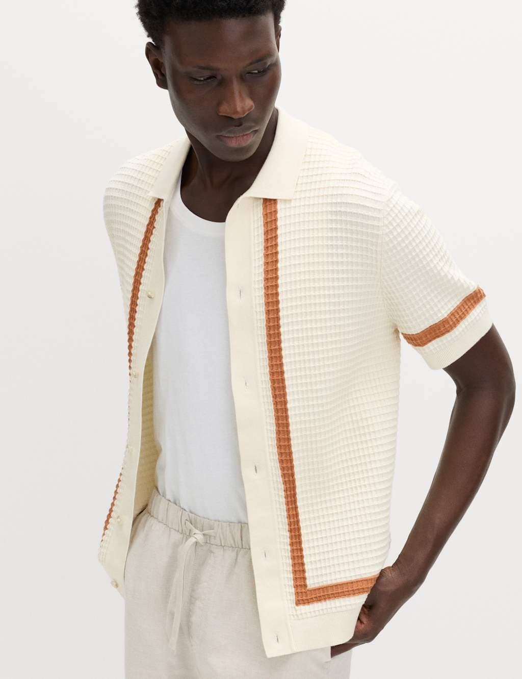 Marks & Spencer M&S Pure Cotton Tipped Knitted Polo Shirt Ecru Mix