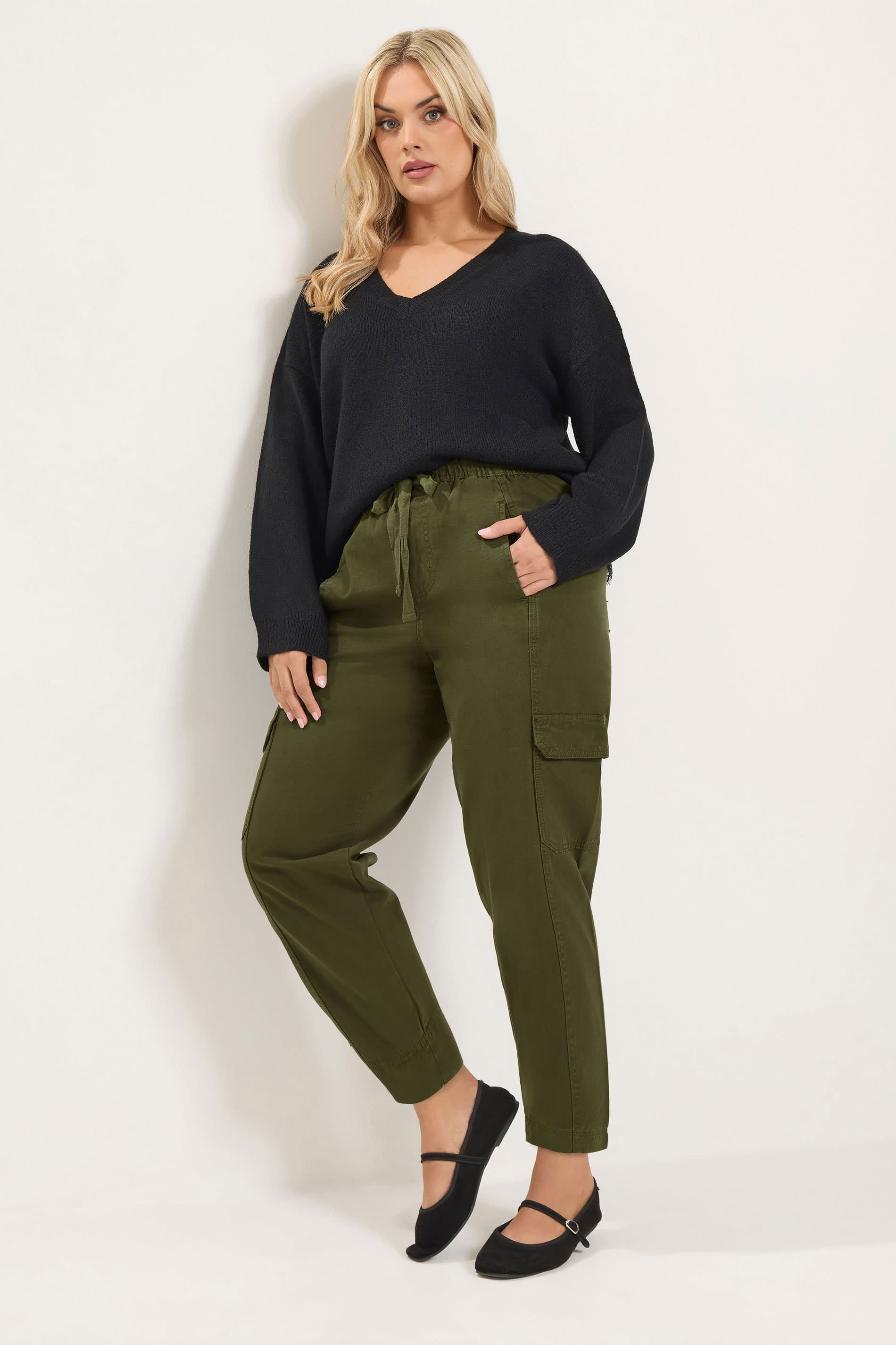 Yours Curve Olive Green Twill Barrel Trousers