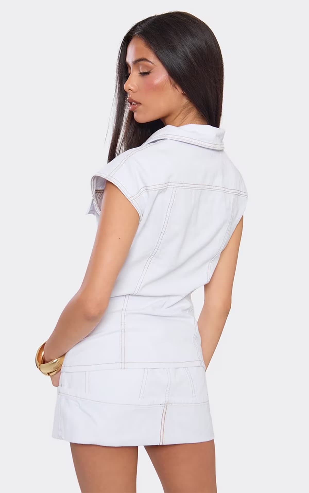 EGO Short Sleeve Button Front Collared Top In Cream Denim, Women's Size UK 6