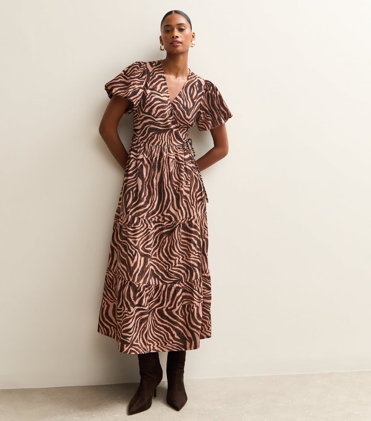 New Look Women's Brown Zebra Print Wrap Midi Dress New Look