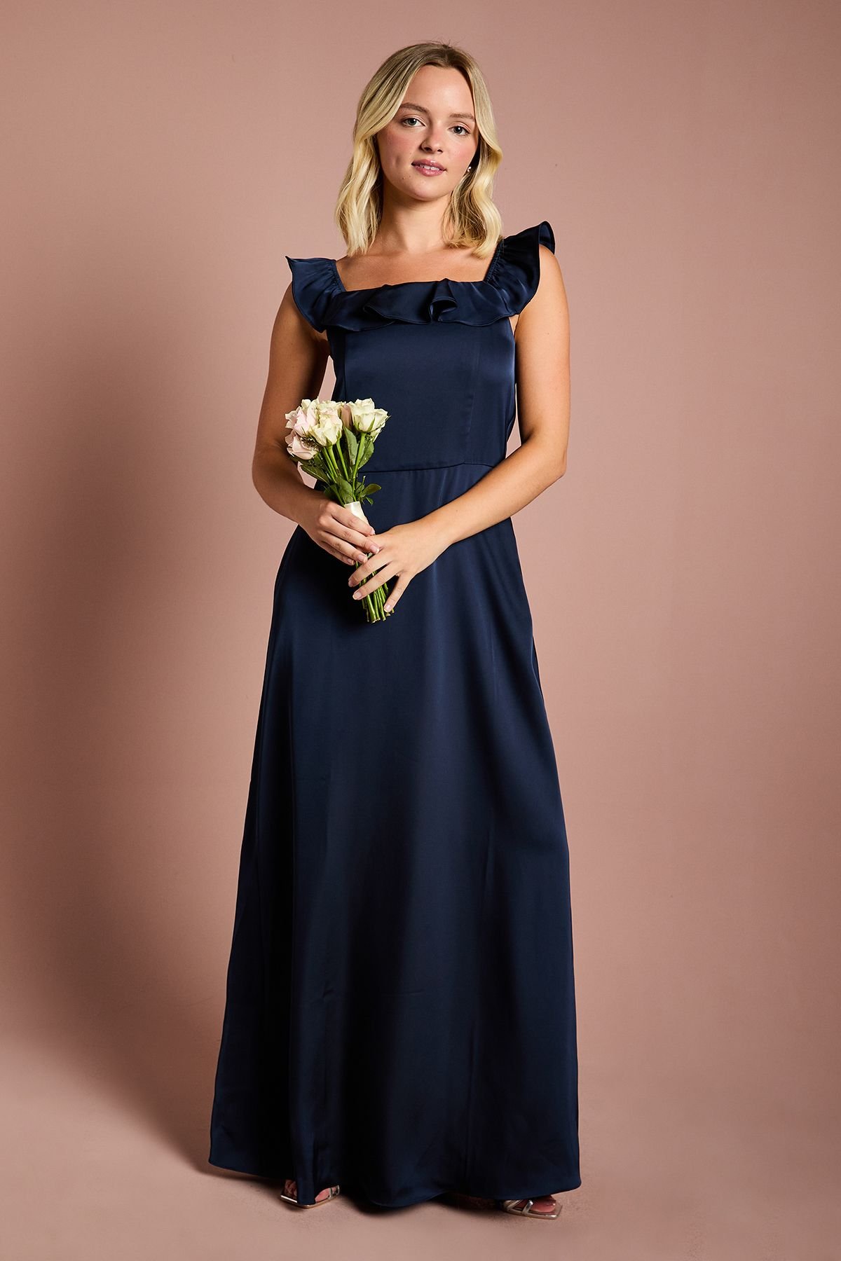 Coast Coast Women's Teen Ruffle Strap Satin Bridesmaid Dress in Navy - 2