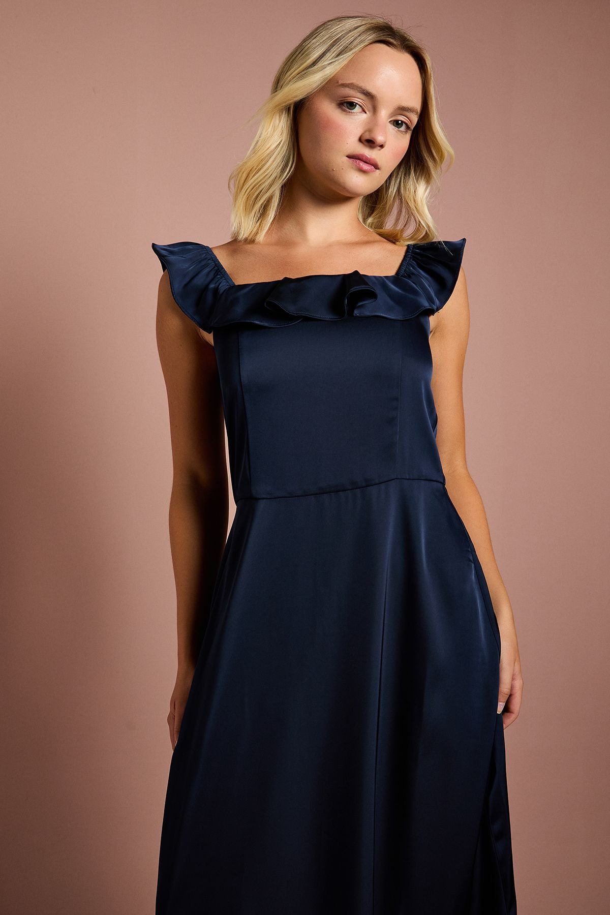 Coast Coast Women's Teen Ruffle Strap Satin Bridesmaid Dress in Navy - 4