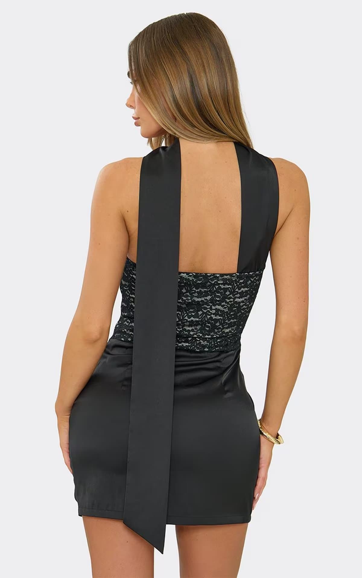 EGO Bandeau Contrast Lace Corseted Mini Dress With Scarf In Black Satin, Women's Size UK 6