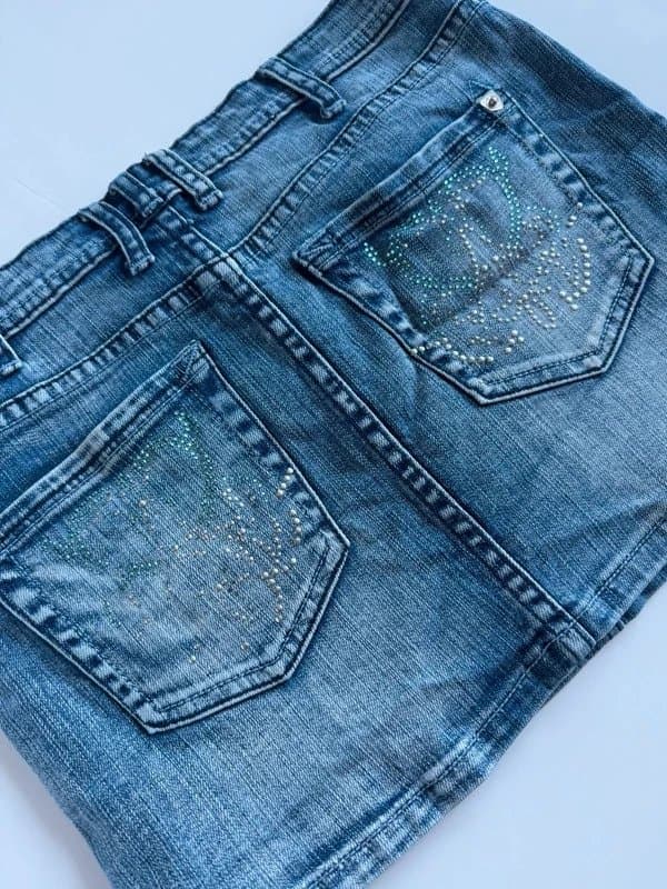 Amisu Y2K Amisu blue denim micro mini skirt rhinestone embellished back pockets UK 8 10